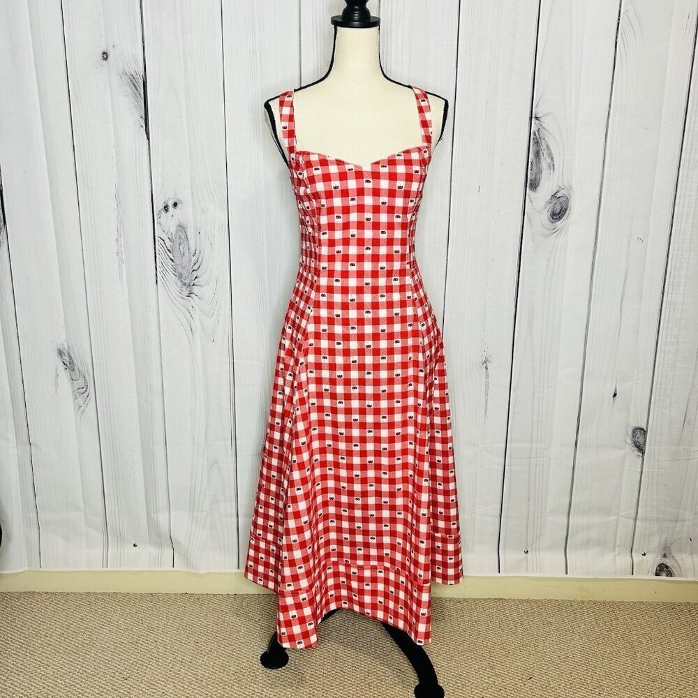 NWT Avec Les Filles Cherry Print Sweetheart Fit & Flare Midi Dress Sz 14 Stretch
